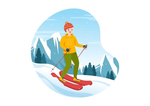 Snowboarding Hand Drawn Cartoon Flat Illustration of People in Winter Outfit Sliding and Jumping with Snowboards at Snowy Mountain Sides or Slopes