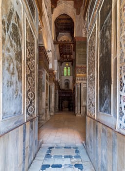 Passage with decorated marble walls at the Mausoleum of Sultan Qalawun, part of Sultan Qalawun Complex, located in Al Moez Street, Old Cairo, Egypt