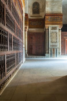 Interior view of decorated marble walls surrounding the cenotaph in the mausoleum of Sultan Qalawun, part of Sultan Qalawun Complex, located in Al Moez Street, Old Cairo, Egypt