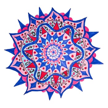 Colorful oriental decorative hand drawn mandala pattern, includes tiny objects resembles Corona Coovid 19 Virus, isolated on white with clipping path