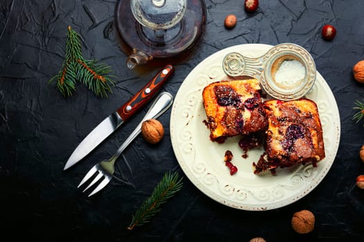 Piece of pie with chocolate, cherries and nuts. Sweet marble cake.