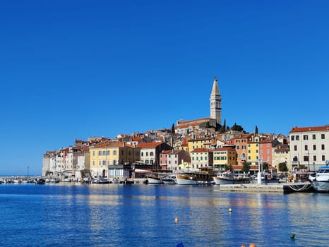 Panoramic view on old town Rovinj from harbor. Istria peninsula, Croatia