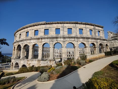 Croatia. Pula. Ruins of the best preserved Roman amphitheatre built in the first century AD during the reign of the Emperor Vespasian.