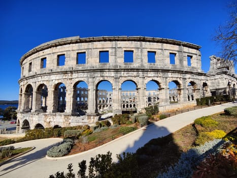 Croatia. Pula. Ruins of the best preserved Roman amphitheatre built in the first century AD during the reign of the Emperor Vespasian.