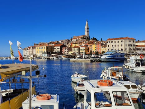 Panoramic view on old town Rovinj from harbor. Istria peninsula, Croatia
