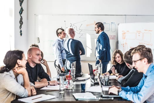 Relaxed informal IT business startup company meeting. Team leaders discussing and brainstorming new approaches and ideas with colleagues. Startup business and entrepreneurship concept.