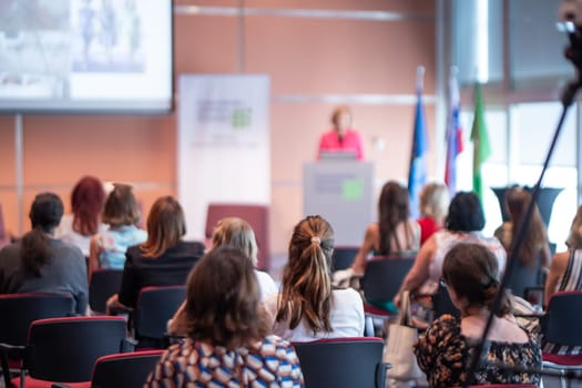 Business and entrepreneurship symposium. Female speaker giving a talk at business meeting. Audience in conference hall. Rear view of unrecognized participant in audience.