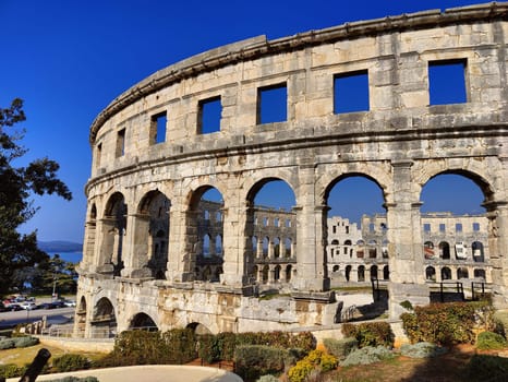 Croatia. Pula. Ruins of the best preserved Roman amphitheatre built in the first century AD during the reign of the Emperor Vespasian.
