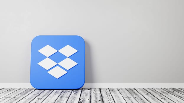 Dropbox App 3D Icon on Wooden Floor Against Gray Wall with Copy Space 3D Render Illustration