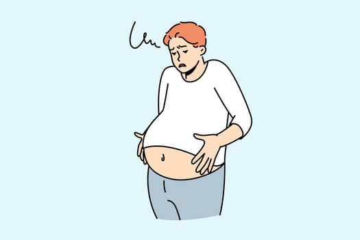 Unwell man suffer from indigestion. Unhealthy male struggle with stomach flatulence. Healthcare and bowel problem. Vector illustration.