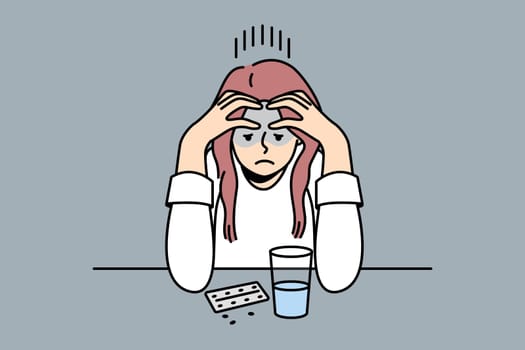 Frustrated young woman sit at desk thinking of taking pills. Unhappy confused female doubt about medication getting. Medicine and healthcare problem. Vector illustration.