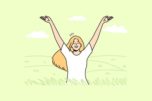 Overjoyed young woman in field feeling joyful and optimistic. Smiling girl relax in summer meadow enjoy mental health and optimism. Vector illustration.