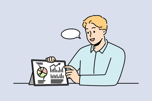 Businessman showing presentation on pad device. Smiling male coach or trainer present financial business project on tablet. Vector illustration.