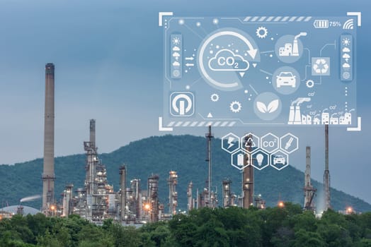 Eco green energy factory. Oil refinery industry with environment Icons for sustainability development by alternative energy, Symbolic eco clean air cloud made future by green leaves, earth day