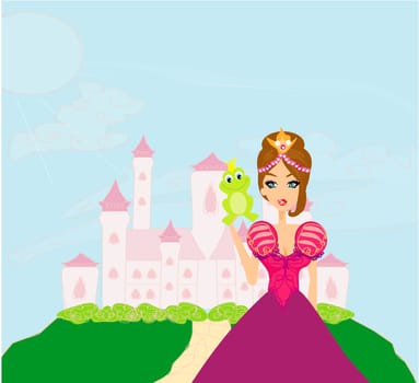 Beautiful young princess holding a big green frog