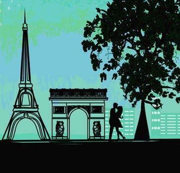 Romantic couple in Paris kissing near the Eiffel Tower