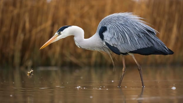 Grey heron, ardea cinerea, looking to the fish in river in shot form side. Bird with long legs standing in wetland in autumn. Feathered animal with orange beak waiting for prey in water.