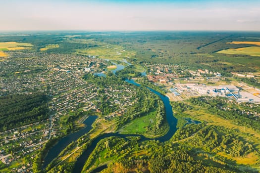 Dobrush, Gomel Region, Belarus. Aerial View Of Skyline Cityscape In Summer Day.