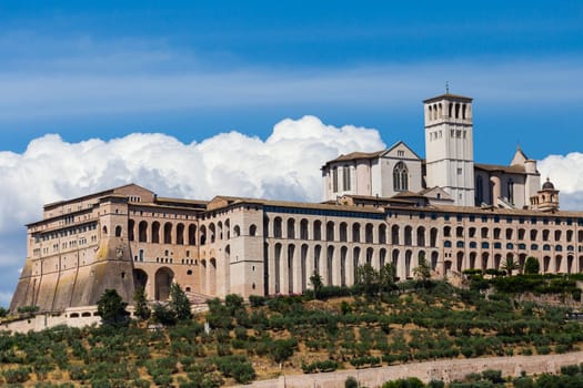 Assisi village in Umbria region, Italy. The most important Italian St. Francis Basilica (Basilica di San Francesco)