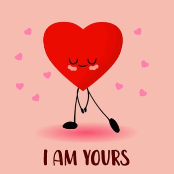 Valentine's Day. Red heart on a white background. Cute kawaii cartoon characters with eyes and arms and legs.