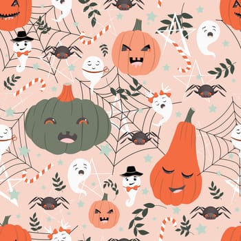 Modern halloween design seamless. Pink background with pumpkins, spiders and cobwebs. Halloween wrapping paper. October 31 pattern for clothes and textiles.