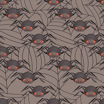 Emotion spiders, seamless pattern on a dark background, desktop trellises, halloween spiders, scary faces.