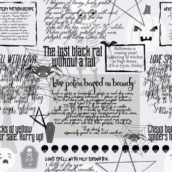 Seamless pattern old newspaper, digital paper vintage newspaper. Halloween. A recipe for a magic potion.
