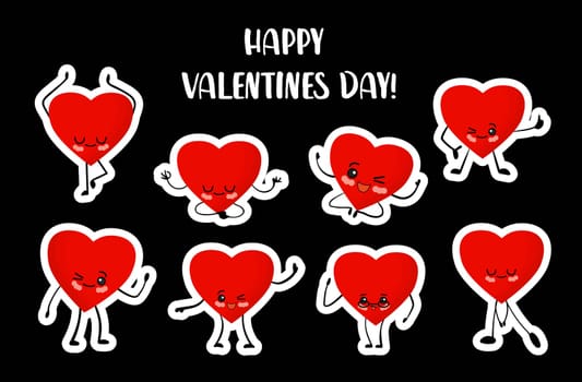 Valentine's Day. Set of stickers on a white background. Cute kawaii cartoon hearts with eyes and arms and legs. Cheerful heart character red.