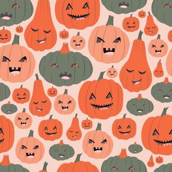 Pumpkin emotions, seamless pattern on a pink background, aphids, wallpaper trellises, halloween pumpkins, scary faces.