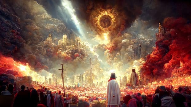 Revelation of Jesus Christ, new testament, religion of christianity, heaven and hell over the crowd of people, Jerusalem of the bible