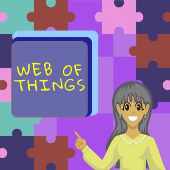 Sign displaying Web Of Things, Internet Concept Internet technology online modern data service communication Businesswoman Presenting Important Messages With Puzzle In Background.