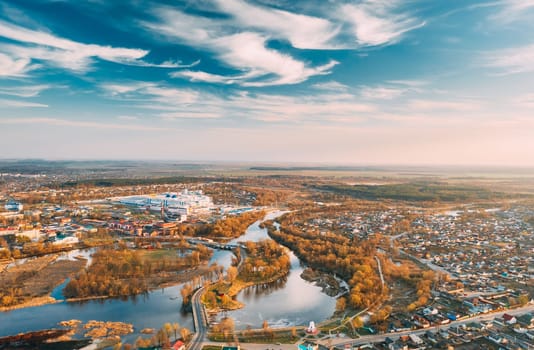Dobrush, Gomel Region, Belarus. Aerial View Of Skyline Cityscape In Autumn Day.