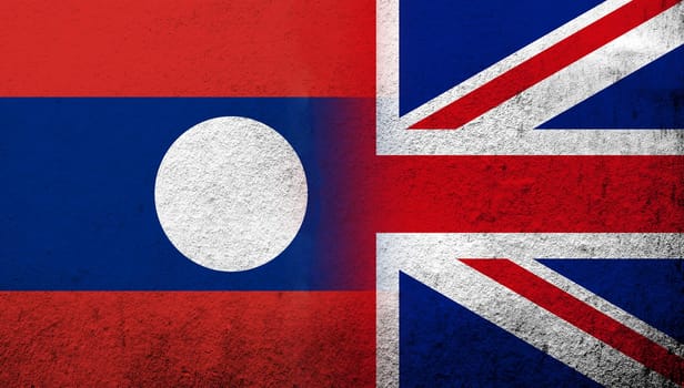 National flag of United Kingdom (Great Britain) Union Jack with Laos National flag. Grunge background