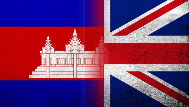 National flag of United Kingdom (Great Britain) Union Jack with Cambodia National flag. Grunge background