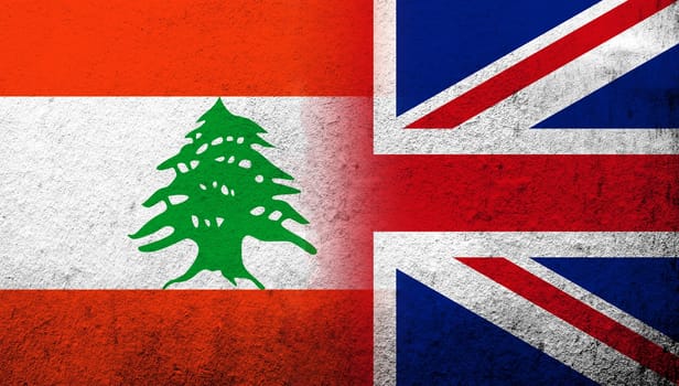 National flag of United Kingdom (Great Britain) Union Jack with Lebanon National flag. Grunge background