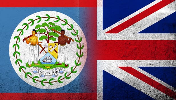 National flag of United Kingdom (Great Britain) Union Jack with National flag of Belize. Grunge background