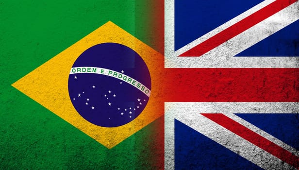National flag of United Kingdom (Great Britain) Union Jack with National flag of Brazil. Grunge background