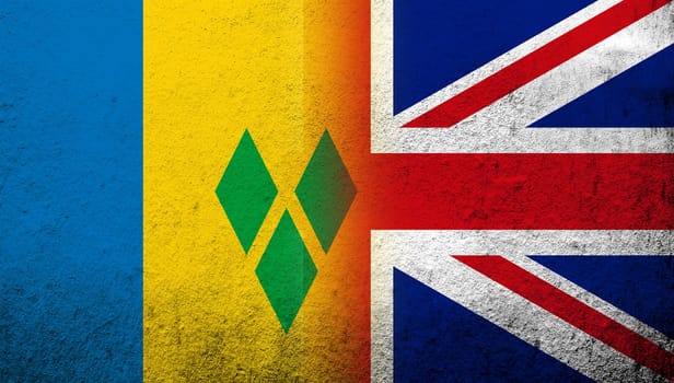 National flag of United Kingdom (Great Britain) Union Jack with National flag of Saint Vincent and the Grenadines. Grunge background