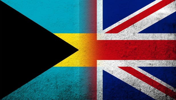 National flag of United Kingdom (Great Britain) Union Jack with Commonwealth of The Bahamas national flag. Grunge background