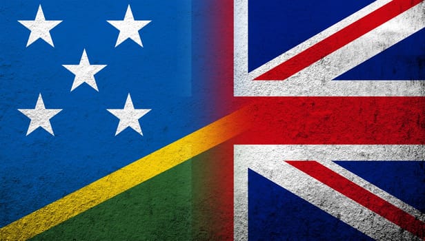 National flag of United Kingdom (Great Britain) Union Jack with National flag of The Solomon Islands. Grunge background