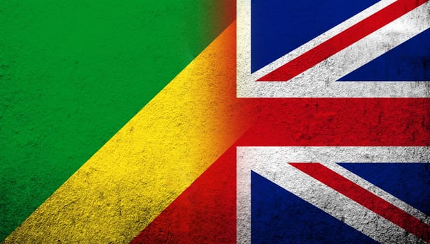 National flag of United Kingdom (Great Britain) Union Jack with Congo-Brazzaville National flag. Grunge background