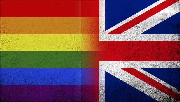 National flag of United Kingdom (Great Britain) Union Jack with Rainbow LGBT pride flag. Grunge background