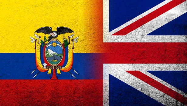 National flag of United Kingdom (Great Britain) Union Jack with Ecuador National flag. Grunge background