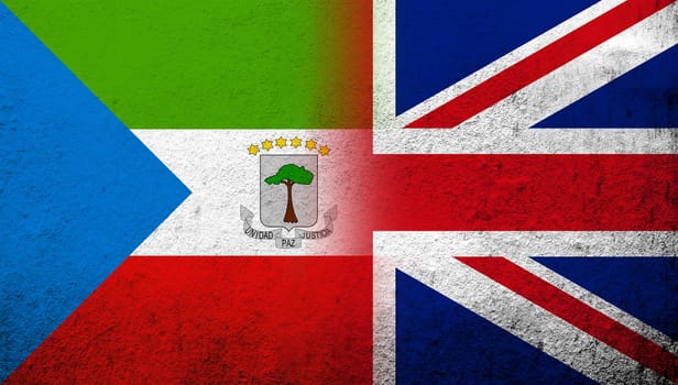 National flag of United Kingdom (Great Britain) Union Jack with Equatorial Guinea National flag. Grunge background