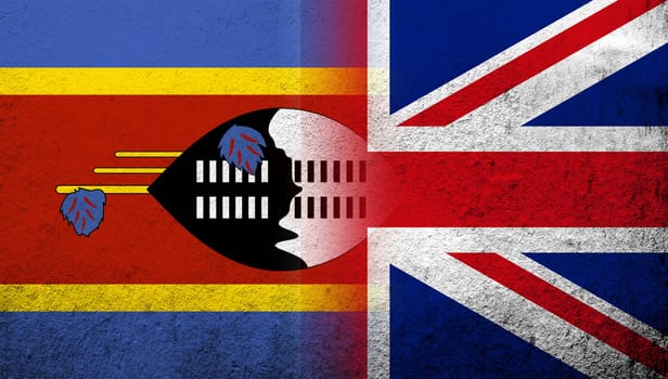 National flag of United Kingdom (Great Britain) Union Jack with Eswatini Swaziland National flag. Grunge background