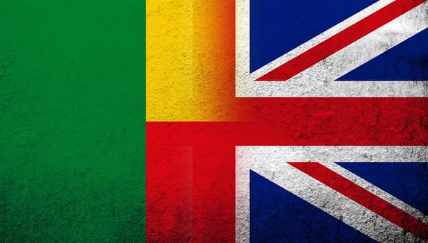 National flag of United Kingdom (Great Britain) Union Jack with Republic of Benin National flag. Grunge background