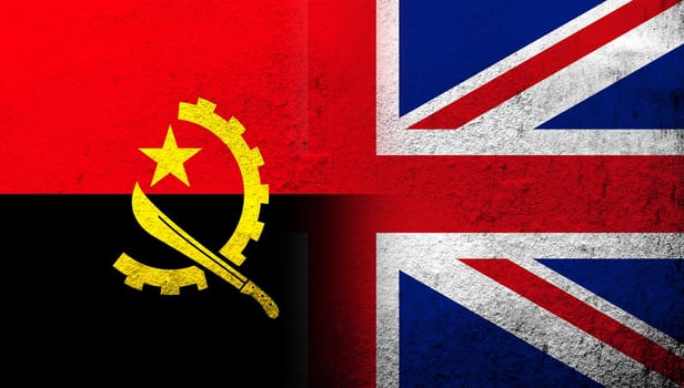 National flag of United Kingdom (Great Britain) Union Jack with Republic of Angola national flag. Grunge background