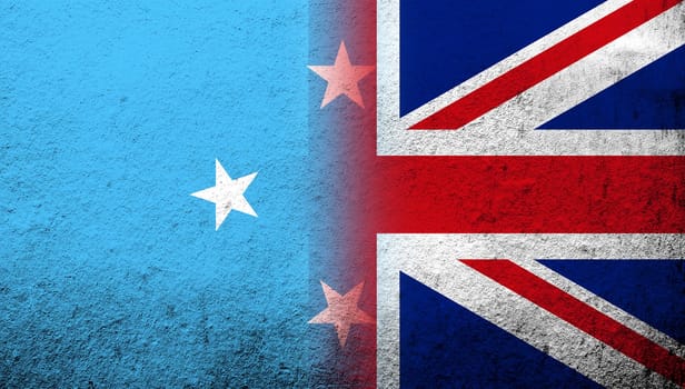 National flag of United Kingdom (Great Britain) Union Jack with Micronesia national flag. Grunge background