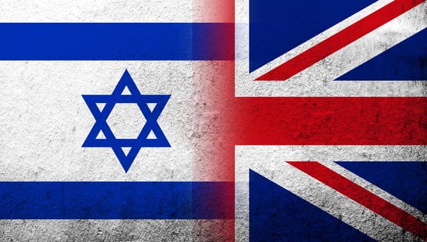 National flag of United Kingdom (Great Britain) Union Jack with State of Israel National flag. Grunge background
