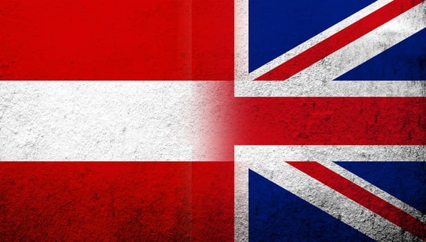 National flag of United Kingdom (Great Britain) Union Jack with National flag of Austria. Grunge background